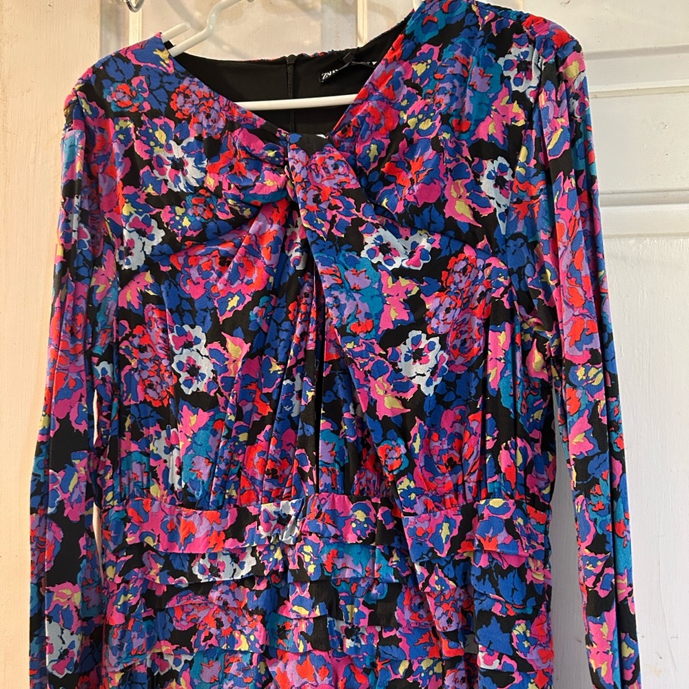 Zara Long-Sleeve Bow-Front Dress in Black, Blue and Pink Floral - Picture 2 of 3